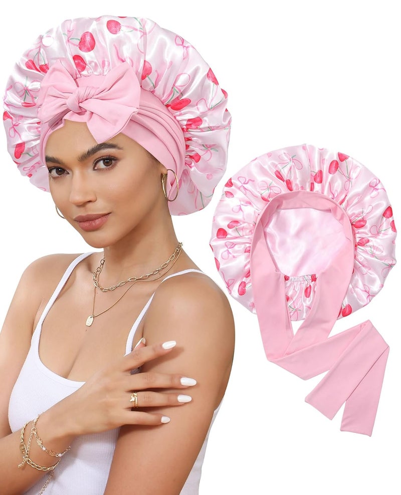 CHLINS Satin Bonnet Silk Bonnet for Sleeping Silk Sleep Cap Double Layer Hair Bonnet with Elastic Tie Band for Curly Hair Night Cap - Image 1